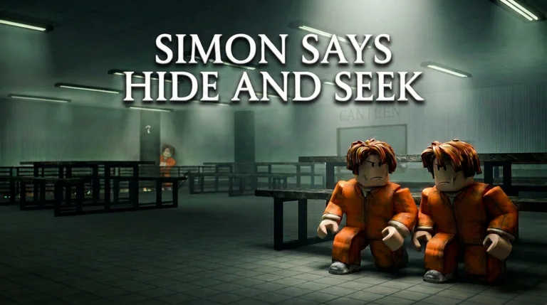 Two prisoners crouch behind cafeteria tables during Hide and Seek