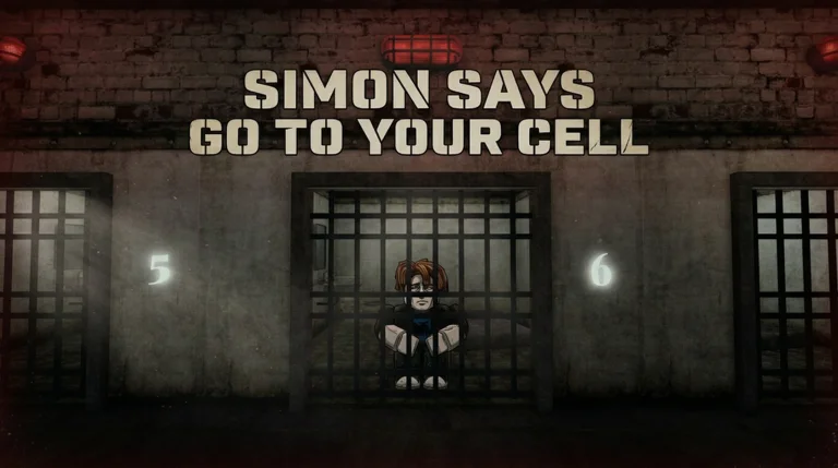 Prisoner behind cell bars under a Simon Says cell command